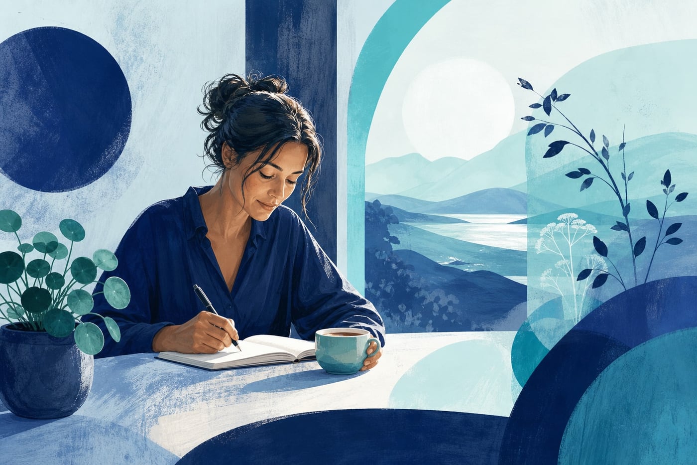 A thoughtful adult sitting by a bright kitchen window with a notebook and cup of tea