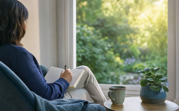 Person sitting beside a sunlit window and writing in a gratitude journal with a peaceful garden visible outside
