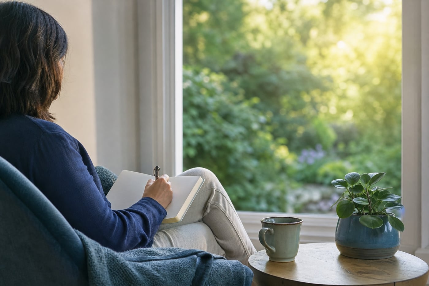 Person sitting beside a sunlit window and writing in a gratitude journal with a peaceful garden visible outside