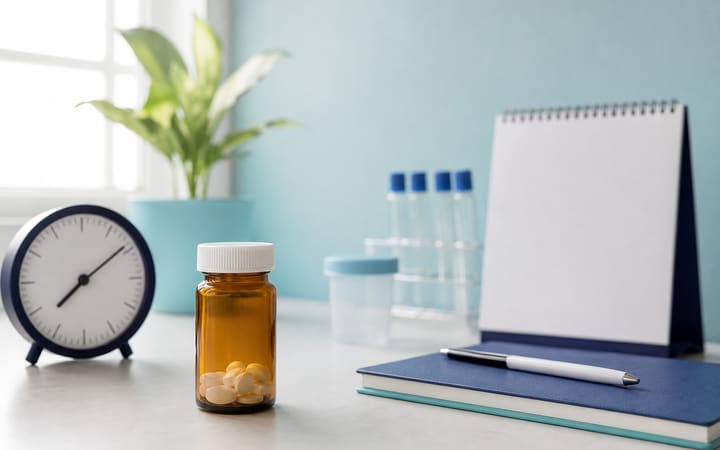 Unbranded prescription bottle beside a clock and sealed laboratory sample containers on a clean clinical desk.