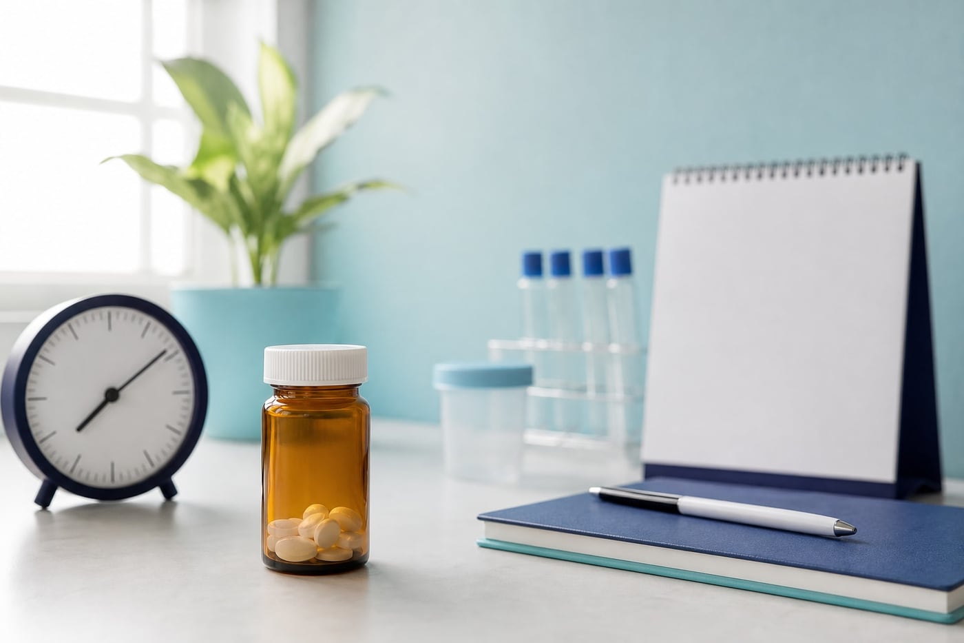 Unbranded prescription bottle beside a clock and sealed laboratory sample containers on a clean clinical desk.
