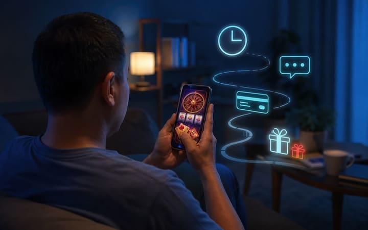 Person holding a smartphone displaying an abstract casino game while a clock and payment card suggest continuous play and spending