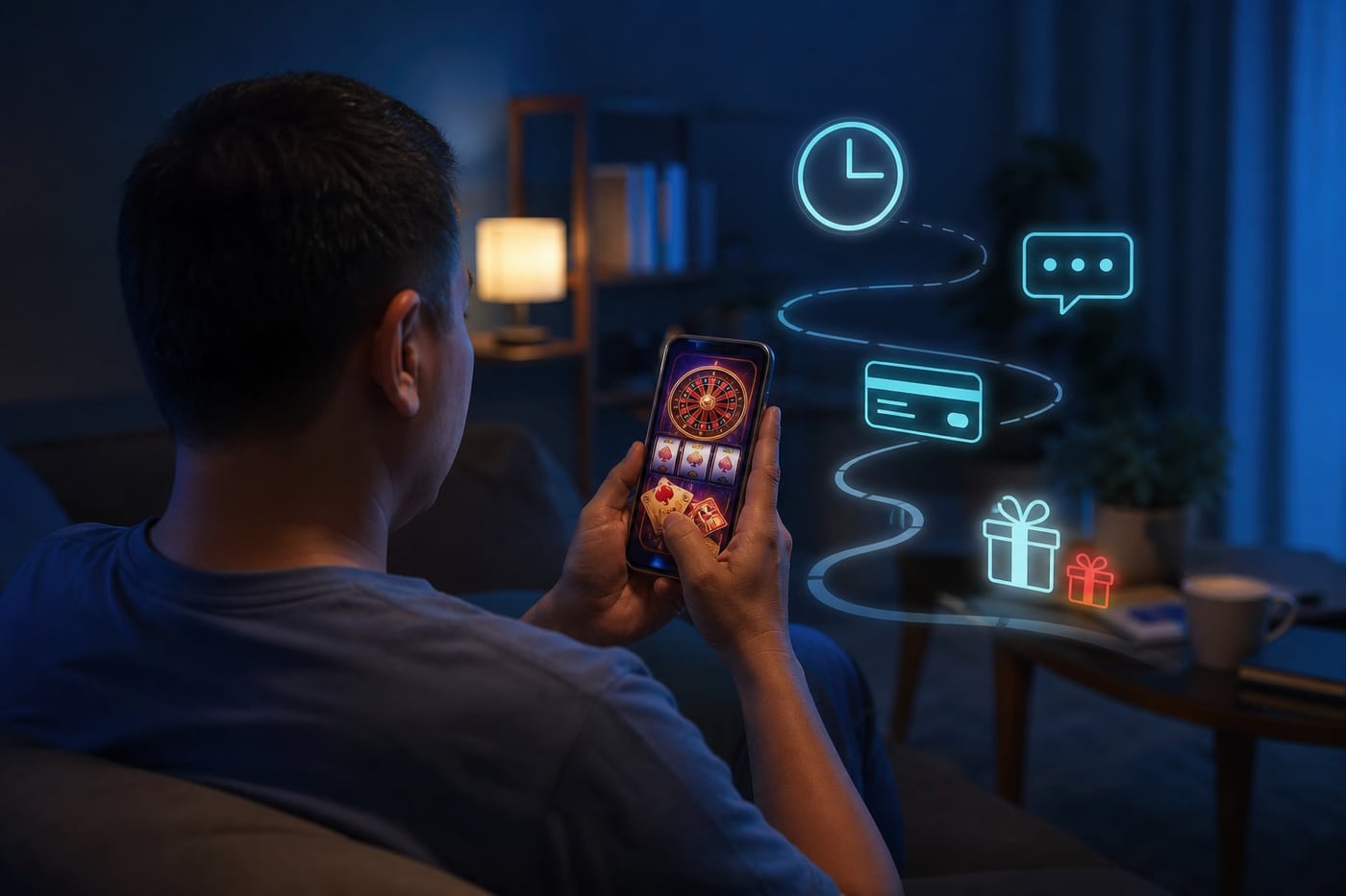 Person holding a smartphone displaying an abstract casino game while a clock and payment card suggest continuous play and spending
