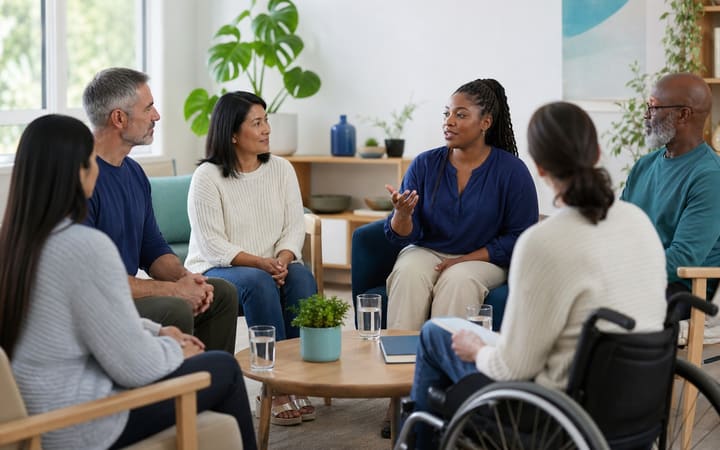 A diverse group of adults sharing a calm, supportive conversation in a welcoming community room