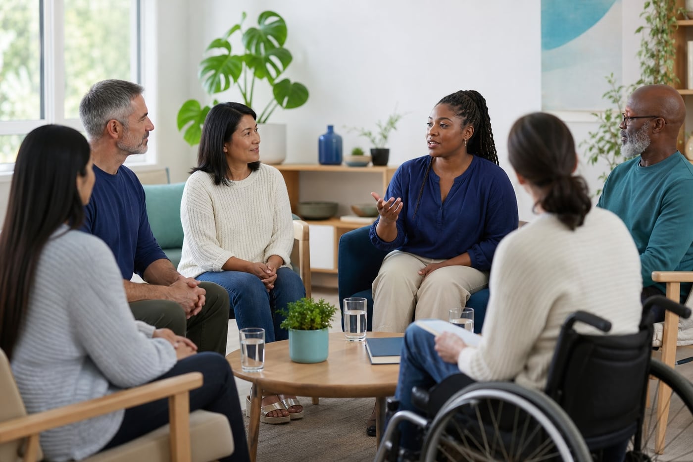 A diverse group of adults sharing a calm, supportive conversation in a welcoming community room