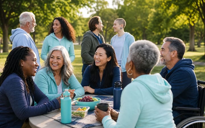 A diverse group of adults sharing a relaxed conversation during an alcohol-free outdoor gathering