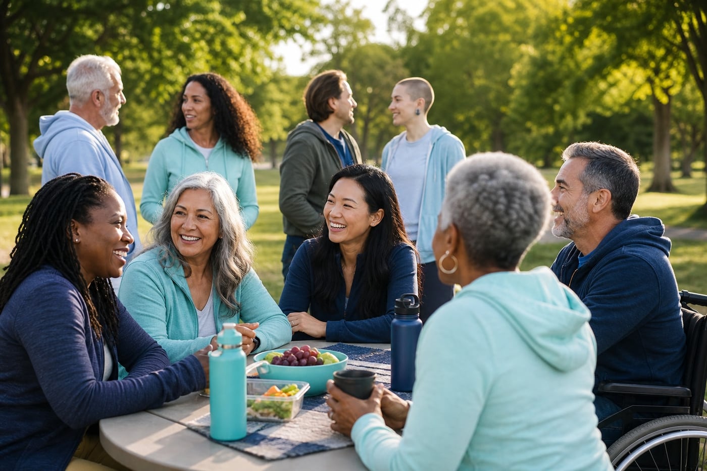 A diverse group of adults sharing a relaxed conversation during an alcohol-free outdoor gathering