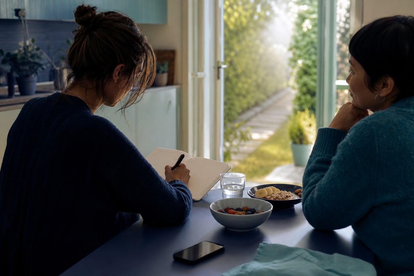 Person planning a sober day at a sunlit kitchen table with water, a notebook, and a supportive friend nearby