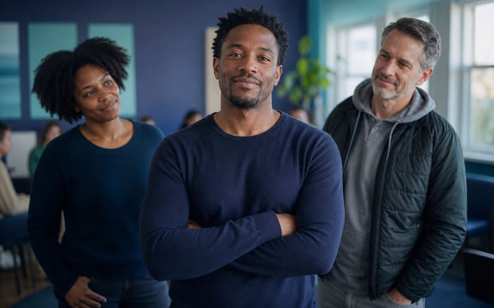 A person in recovery standing calmly with supportive friends in a welcoming community setting