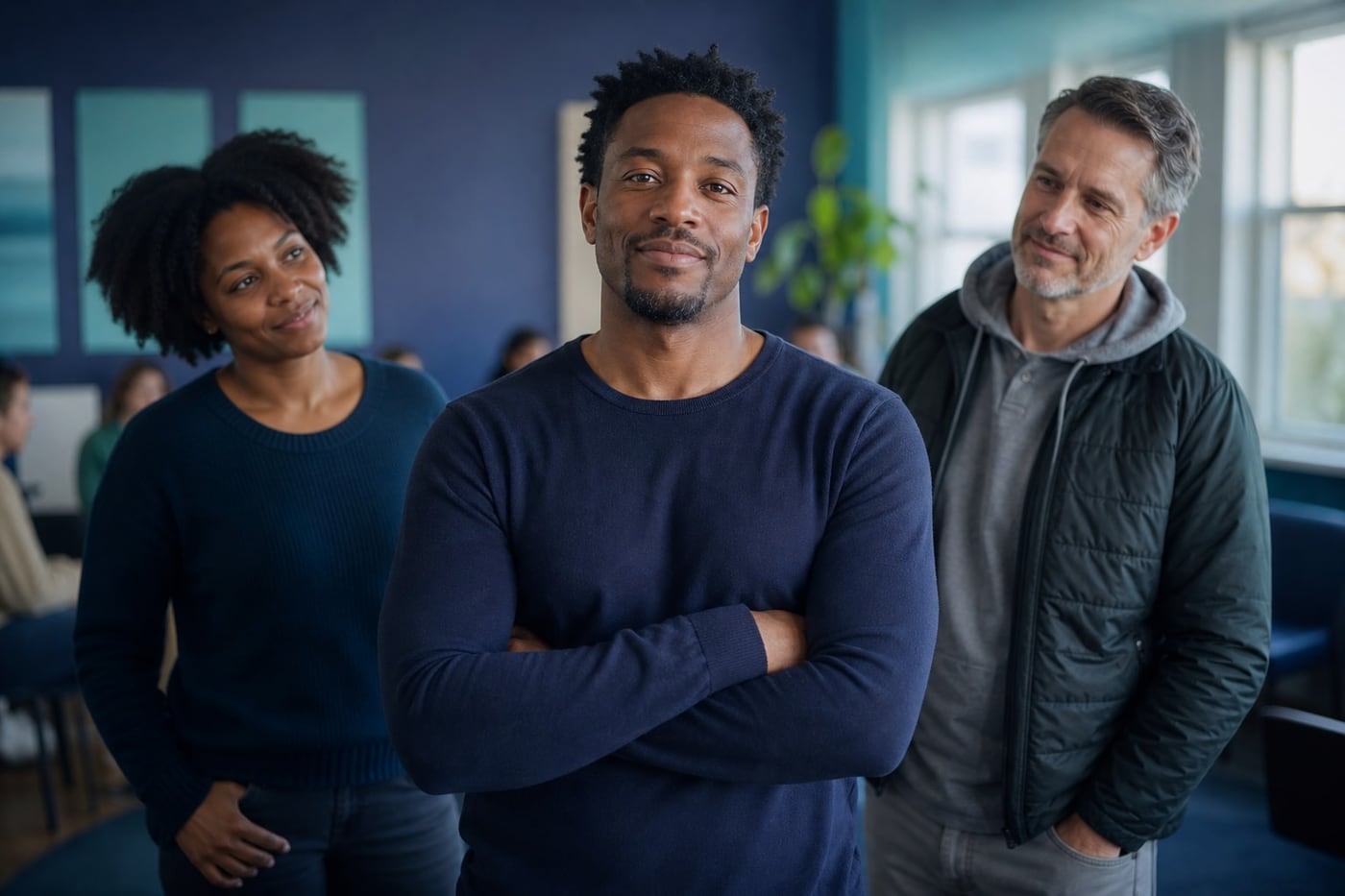 A person in recovery standing calmly with supportive friends in a welcoming community setting