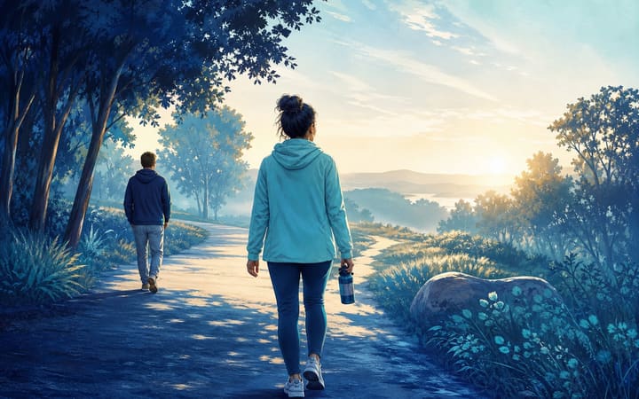 Person walking toward a bright morning landscape with a supportive companion nearby after completing rehab