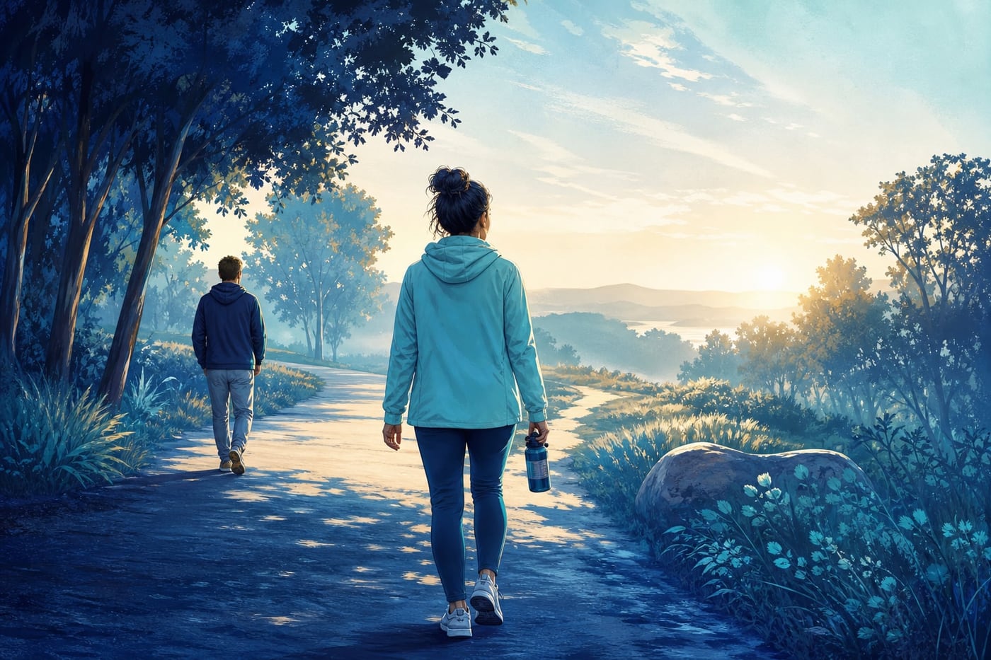 Person walking toward a bright morning landscape with a supportive companion nearby after completing rehab