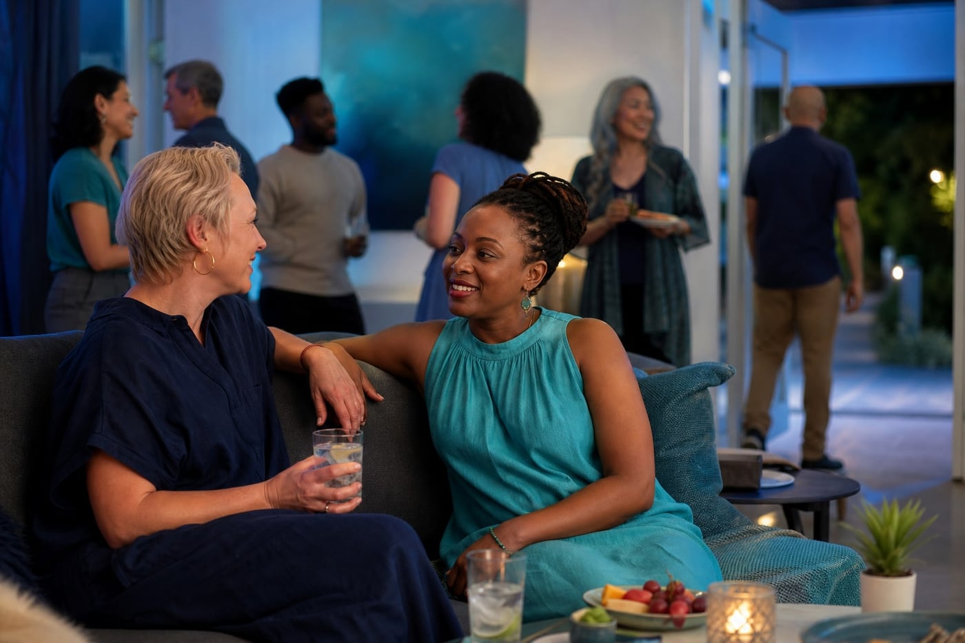 A person holding sparkling water while talking with a supportive friend at a relaxed social gathering