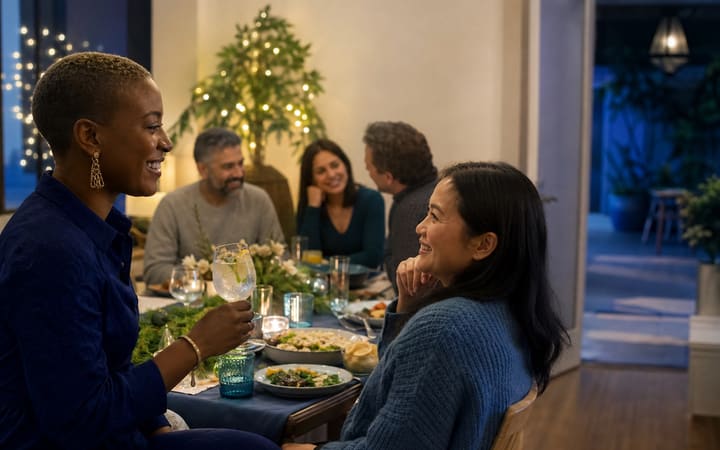 Friends enjoying an inclusive alcohol-free holiday meal while one guest holds a sparkling nonalcoholic drink