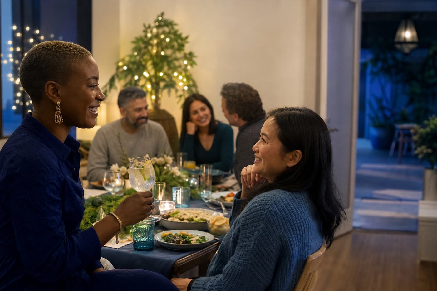 Friends enjoying an inclusive alcohol-free holiday meal while one guest holds a sparkling nonalcoholic drink