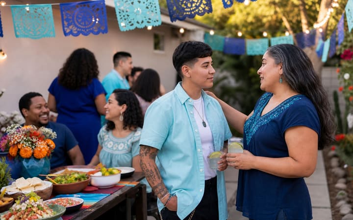 Friends enjoying food and alcohol-free drinks at a colorful outdoor Cinco de Mayo gathering.