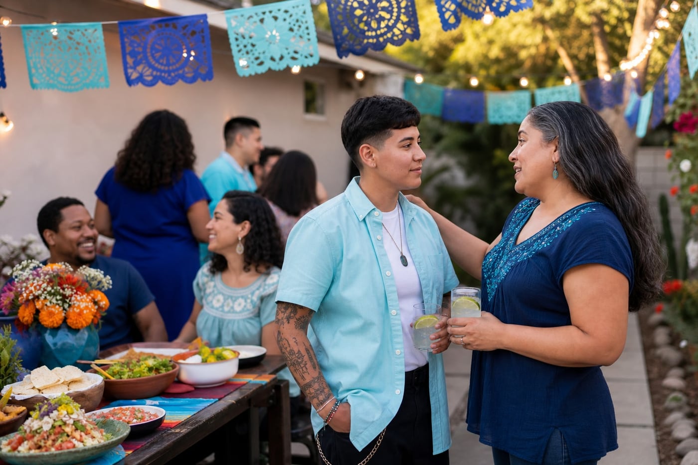 Friends enjoying food and alcohol-free drinks at a colorful outdoor Cinco de Mayo gathering.