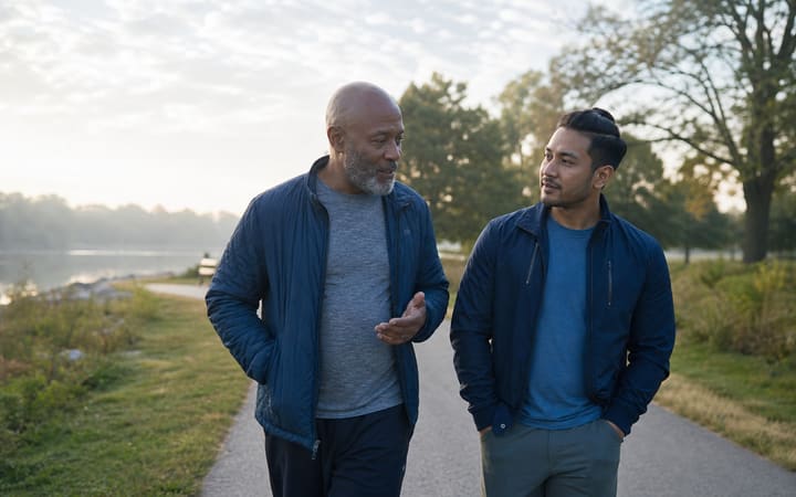 Two adults having a supportive conversation while walking along a peaceful park path