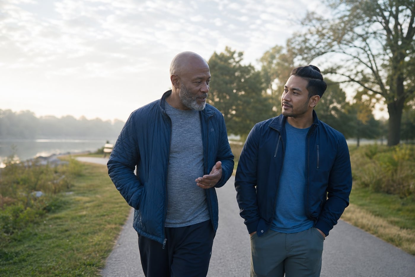 Two adults having a supportive conversation while walking along a peaceful park path