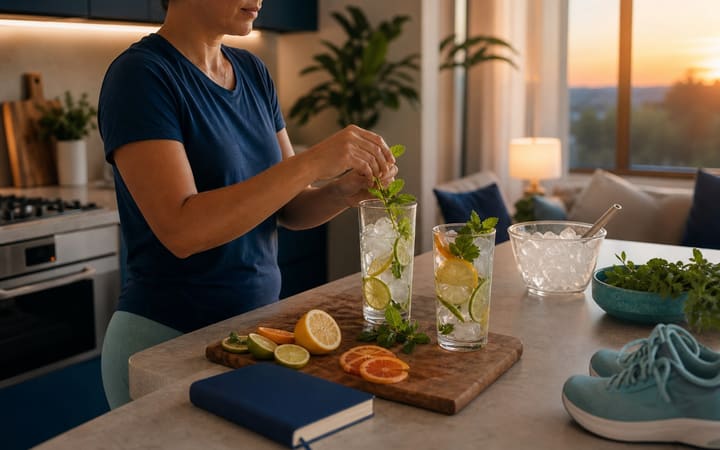 Person preparing a sparkling alcohol-free evening drink with citrus in a calm, warmly lit kitchen