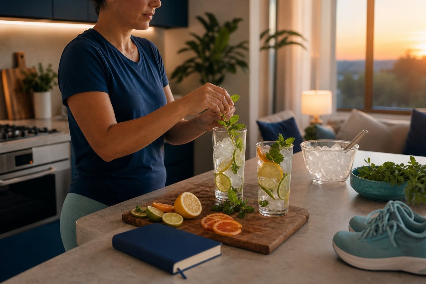 Person preparing a sparkling alcohol-free evening drink with citrus in a calm, warmly lit kitchen