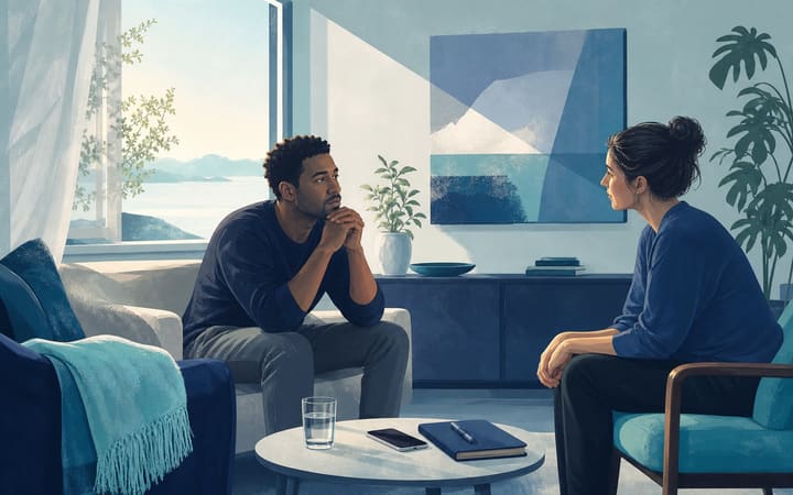 Person sitting with a supportive friend in a calm, sunlit room after a difficult recovery setback