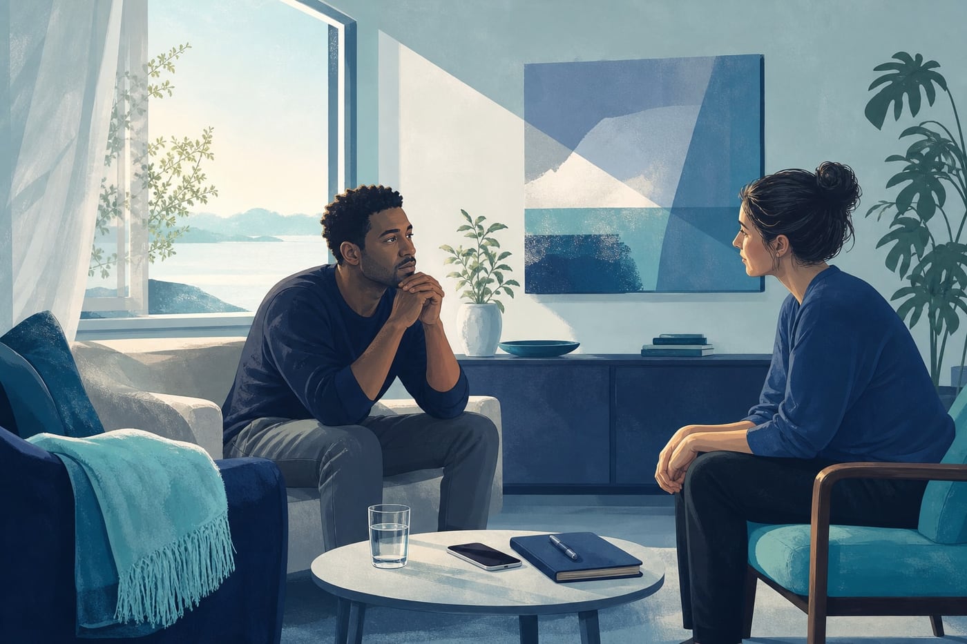 Person sitting with a supportive friend in a calm, sunlit room after a difficult recovery setback