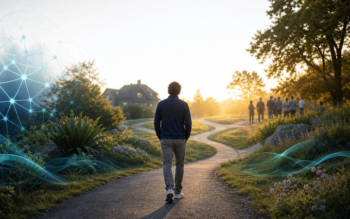 Person walking along a hopeful path surrounded by subtle symbols of brain health, relationships and environmental support