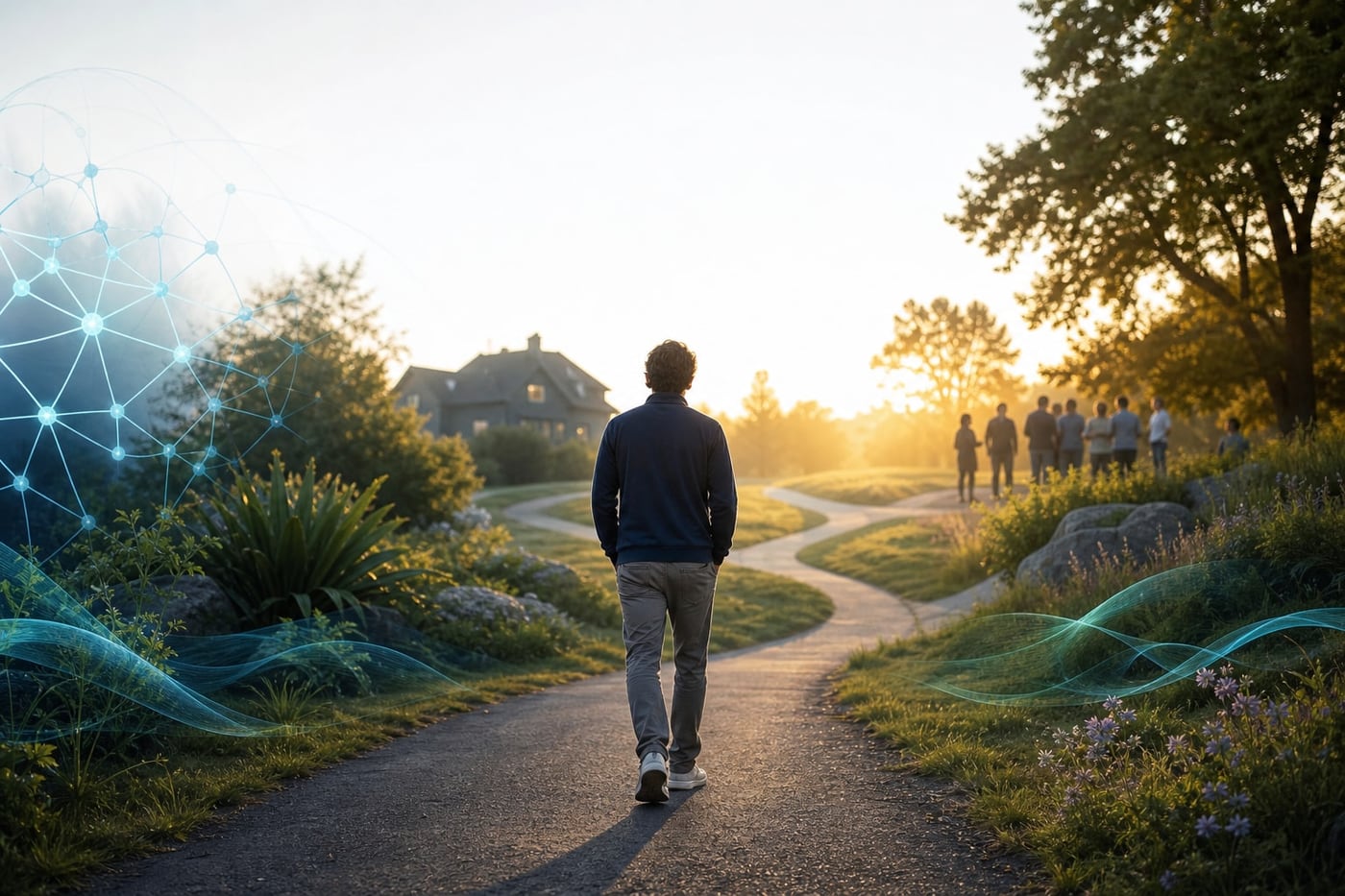 Person walking along a hopeful path surrounded by subtle symbols of brain health, relationships and environmental support