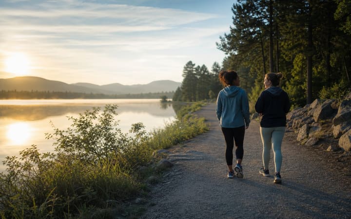 Two friends enjoying a peaceful sunrise walk beside a lake during recovery