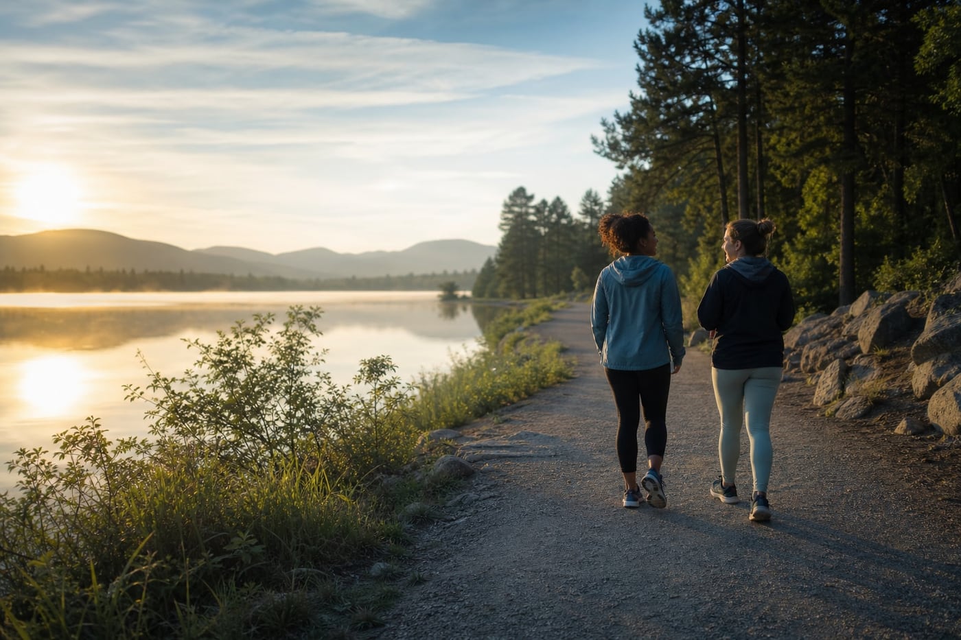 Two friends enjoying a peaceful sunrise walk beside a lake during recovery