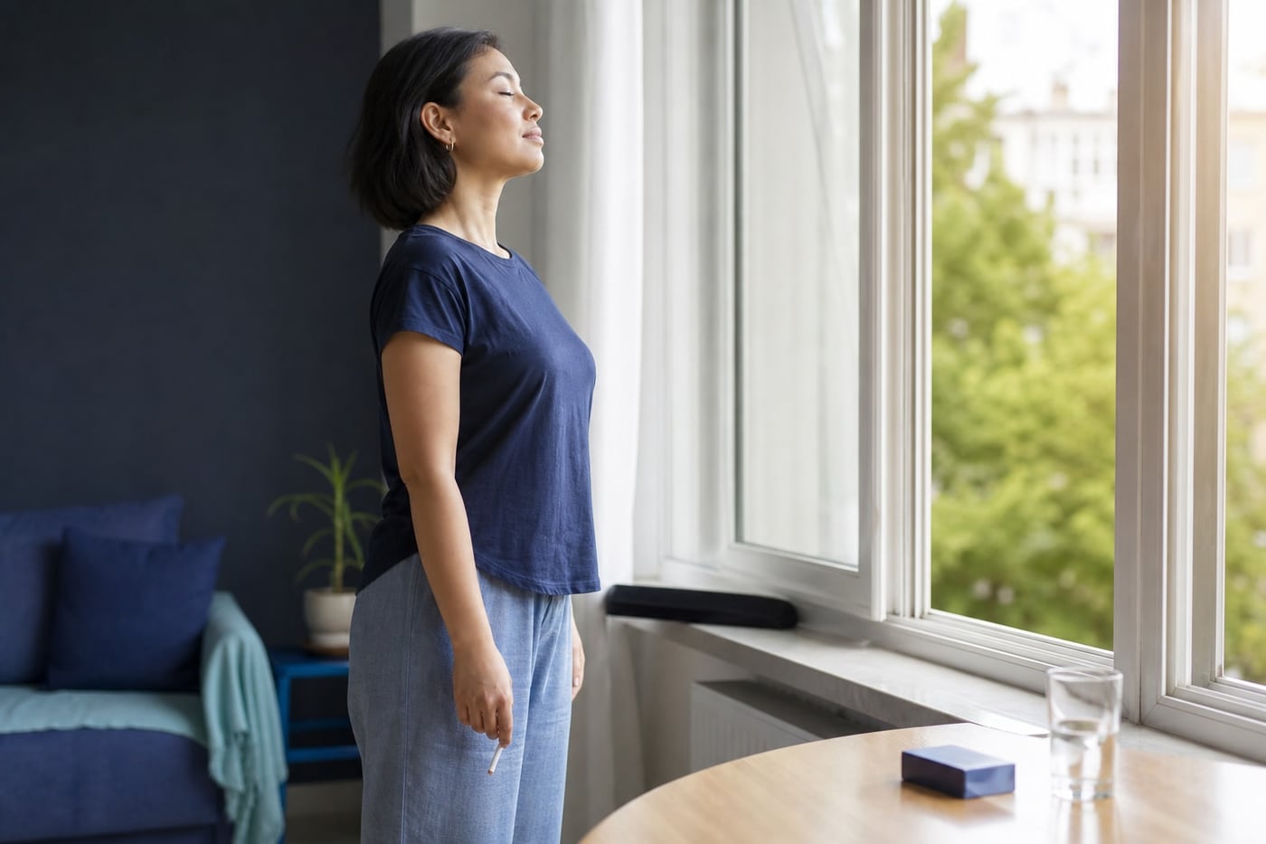 A person standing by an open window holding a broken unlit cigarette while taking a calm breath