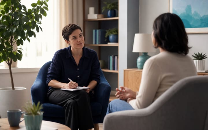 Adult sitting calmly with a therapist in a private, welcoming counseling room