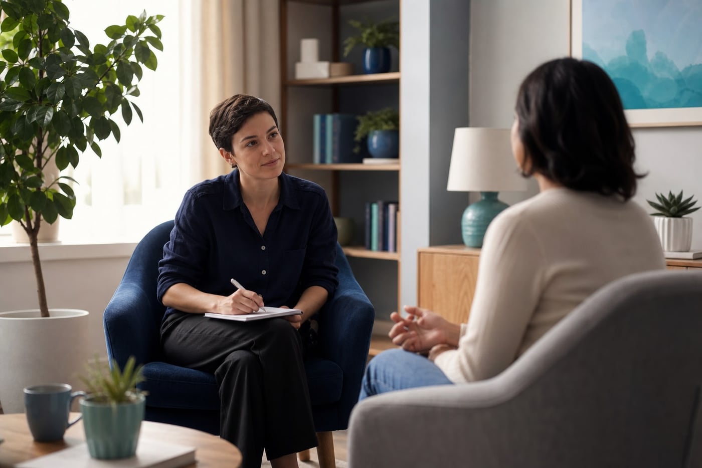 Adult sitting calmly with a therapist in a private, welcoming counseling room