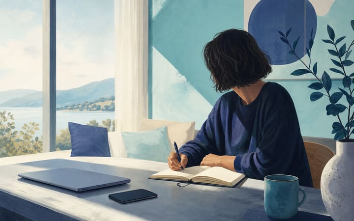 Person sitting calmly beside a closed laptop in a bright, private room while reflecting and writing in a notebook