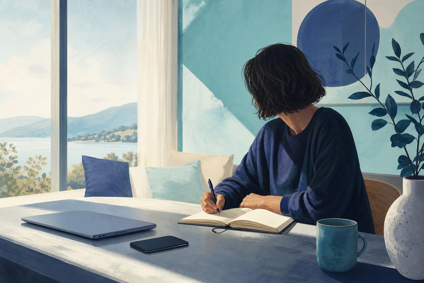 Person sitting calmly beside a closed laptop in a bright, private room while reflecting and writing in a notebook