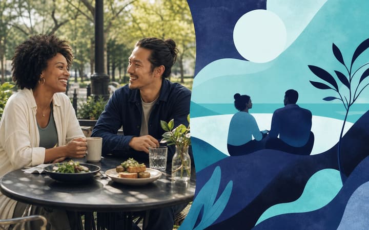 Two adults enjoying a relaxed daytime coffee date at an outdoor café