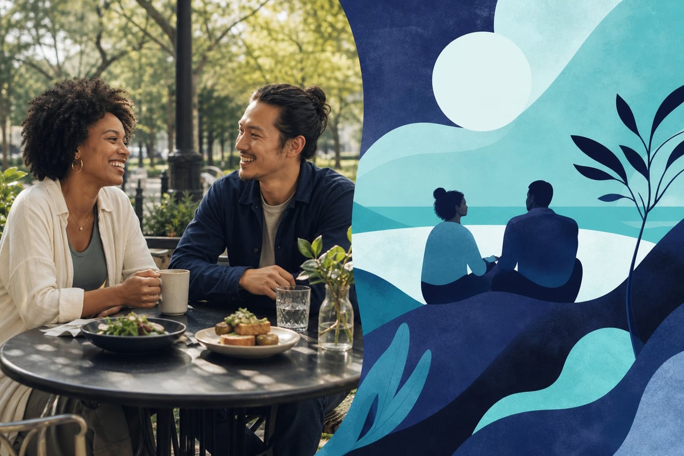 Two adults enjoying a relaxed daytime coffee date at an outdoor café