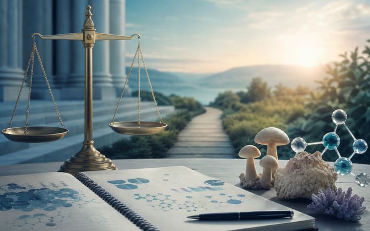 Balanced scales beside a research notebook and abstract mushroom forms, representing psychedelic law, evidence, and recovery