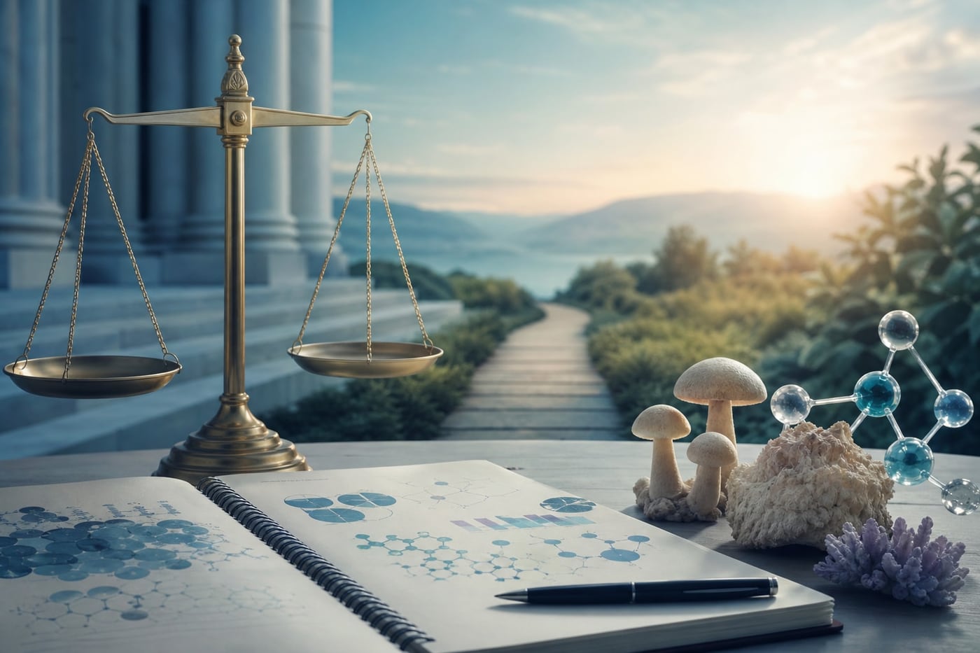 Balanced scales beside a research notebook and abstract mushroom forms, representing psychedelic law, evidence, and recovery