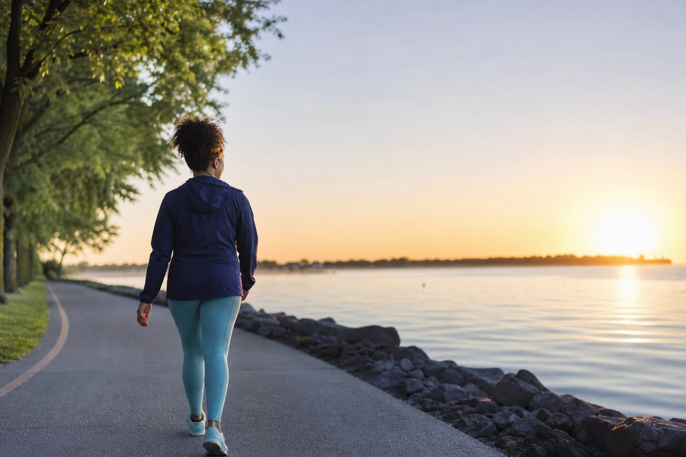 Person walking along a peaceful sunlit path beside trees and open water, symbolizing health, safety, and a new direction after alcohol.