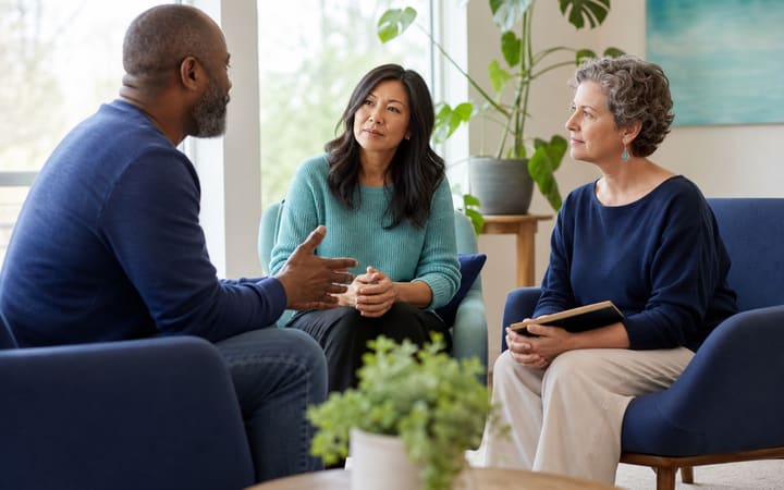Three adults having a supportive conversation in a calm, welcoming community room