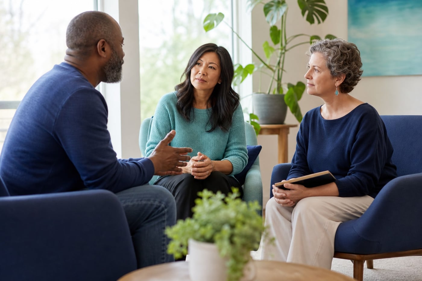 Three adults having a supportive conversation in a calm, welcoming community room