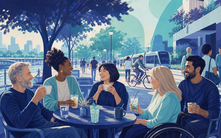Friends enjoying an alcohol-free outdoor gathering in a walkable city park near cafés and community spaces
