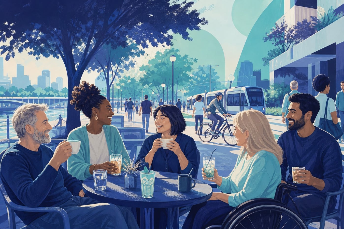 Friends enjoying an alcohol-free outdoor gathering in a walkable city park near cafés and community spaces