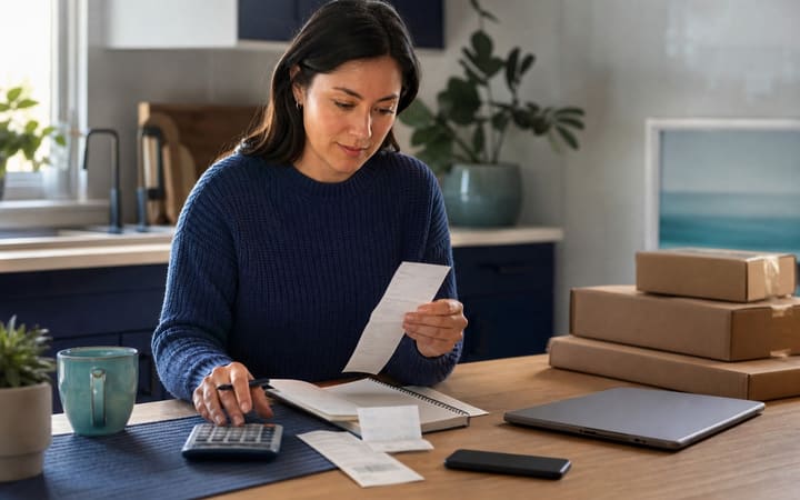 Person reviewing shopping receipts and a household budget at a calm, uncluttered table