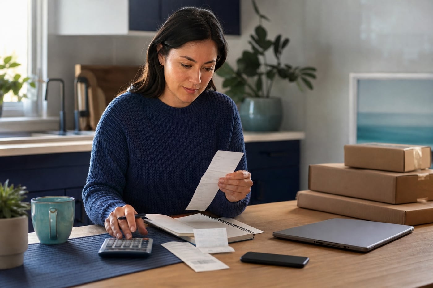Person reviewing shopping receipts and a household budget at a calm, uncluttered table