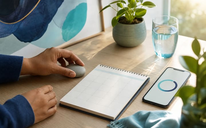 Person marking a recovery milestone on a calendar beside a phone displaying a simple progress circle