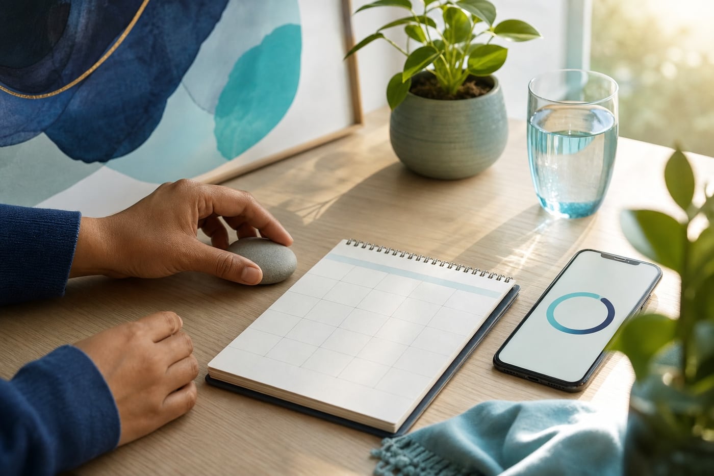 Person marking a recovery milestone on a calendar beside a phone displaying a simple progress circle