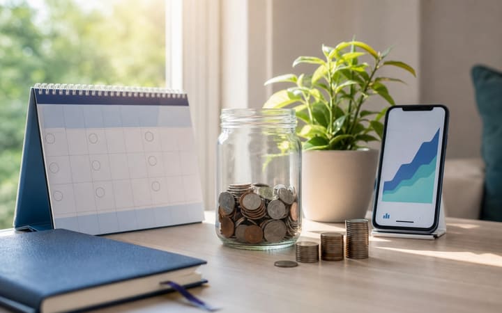 Coins accumulating in a clear jar beside a calendar and a smartphone displaying a simple progress chart